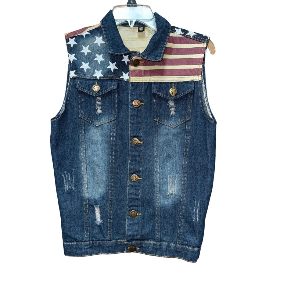 Tang Ku Mens L Dark Denim Distressed American Flag Vest Grunge Moto Y2K Festival